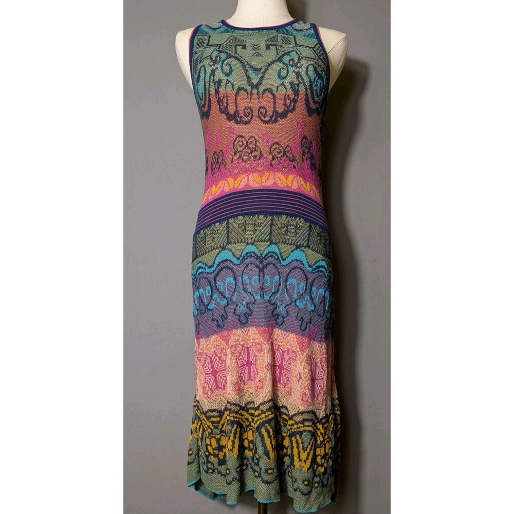 IVKO Knit Dress Sz S/M Colorful Semi Sheer Pattern Midi Boho Artsy Beach Travel